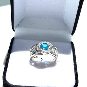 Sterling Silver Ring With Blue & Pink Stones Size  8.5  Elegant Design For Women